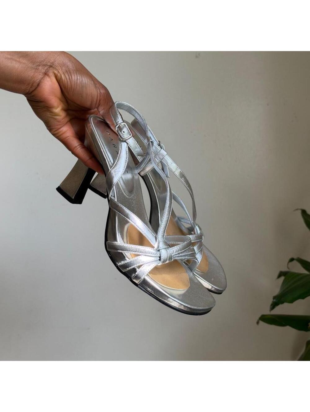Parade Silver Metallic Strappy Heels Square Toe Block Heel Size US 7.5